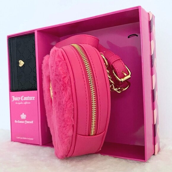 Juicy Couture Faux Fur Pink Heart Crossbody Bag & Black Card Case Wallet Set New - Picture 3 of 8